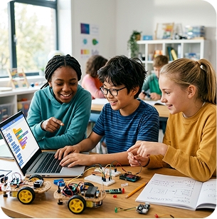Three students collaborating around a laptop and electronics kit