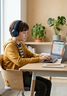 A student wearing headphones working on a laptop at home
